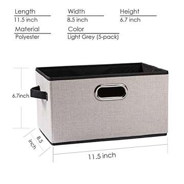 PRANDOM Fodable Storage Baskets for Closet [5-Pack] Decorative Fabric Storage Bins Cubes with Leather/Metal Handles for Shelves Bedroom Living Room Light Grey (11.5x8.5x6.7 Inch)