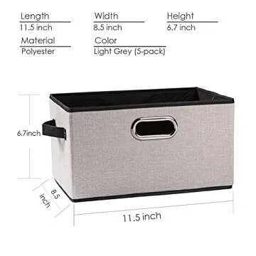 PRANDOM Fodable Storage Baskets for Closet [5-Pack] Decorative Fabric Storage Bins Cubes with Leather/Metal Handles for Shelves Bedroom Living Room Light Grey (11.5x8.5x6.7 Inch)