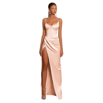 POMUYOO Satin Mermaid Rose Gold Bridesmaid Dresses for Wedding with Slit V Neck Spaghetti Straps For...