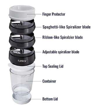 Fullstar Black 6 in 1 Vegetable Spiralizer, Stainless Steel Blade, Adjustable Handheld Spaghetti Cutter, Zucchini Noodles, Container Included