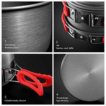 Camping Cookware Set, Anodized Aluminum Camping Pots kettle and Pans, BPA-FREE Lightweight Durable Folding Mess Kit, Non-stick and Scratch-free for 3-4 Persons Family Outdoor Camping Hiking Fishing