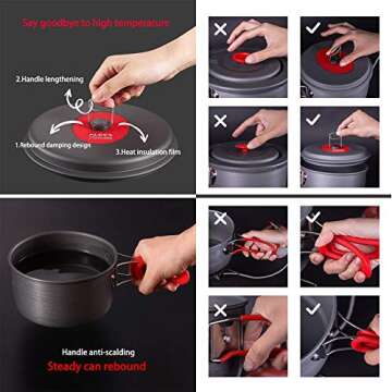 Camping Cookware Set, Anodized Aluminum Camping Pots kettle and Pans, BPA-FREE Lightweight Durable Folding Mess Kit, Non-stick and Scratch-free for 3-4 Persons Family Outdoor Camping Hiking Fishing