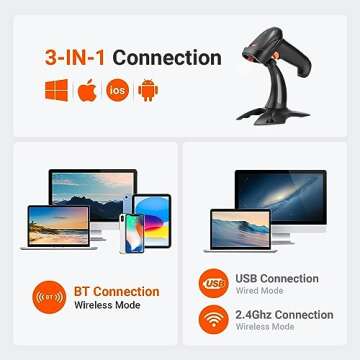 Tera Barcode Scanner Wireless 1D 2D QR with Stand: Battery Level Indicator 3 in 1 Works with Bluetooth 2.4G Wireless USB Wired Handheld Bar Code Reader with Vibration Alert HW0002 Black