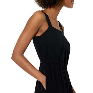 Amazon Essentials Women's Fluid Twill Tiered Fit and Flare Dress, Black, Medium