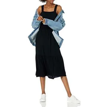 Amazon Essentials Women's Fluid Twill Tiered Fit and Flare Dress, Black, Medium