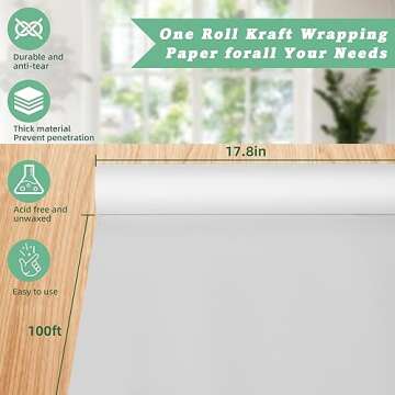 Wrapping Paper, Craft Paper, White Kraft Paper Roll 17.8"x 100ft for Gift Wrapping, Floor Covering, Bulletin Board, Arts Crafts, Bouquet Flower, Table Runner, Poster, Packing Paper for Moving Supplies