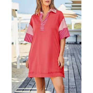 Wenrine Women's Oversized Sweatshirt Dress Summer Color Block Polo V Neck Short Sleeve Casual Mini D...