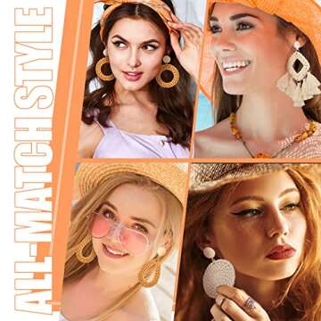 Women Straw Woven Tote Summer Large Beach Handmade Weaving Shoulder Bag with 4 Pairs Rattan Geometric Tassel Earrings(Round)