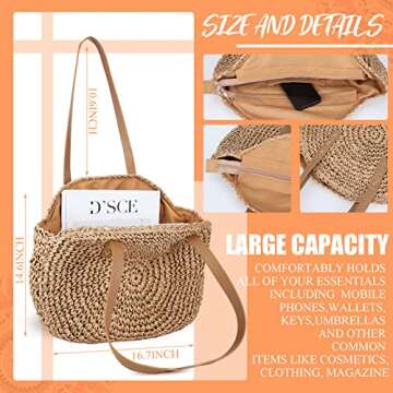 Women Straw Woven Tote Summer Large Beach Handmade Weaving Shoulder Bag with 4 Pairs Rattan Geometric Tassel Earrings(Round)