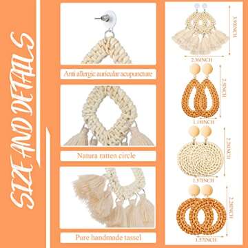 Women Straw Woven Tote Summer Large Beach Handmade Weaving Shoulder Bag with 4 Pairs Rattan Geometric Tassel Earrings(Round)