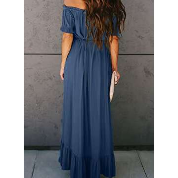 Happy Sailed Womens Elegant Off Shoulder High Low Long Dress Drawstring Belted Ruffle Beach Party Maxi Dress Blue Small