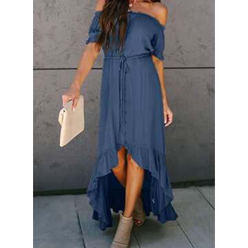 Happy Sailed Womens Elegant Off Shoulder High Low Long Dress Drawstring Belted Ruffle Beach Party Maxi Dress Blue Small
