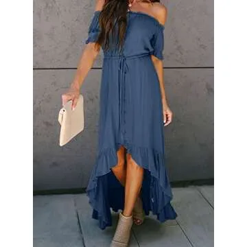 Happy Sailed Womens Elegant Off Shoulder High Low Long Dress Drawstring Belted Ruffle Beach Party Maxi Dress Blue Small
