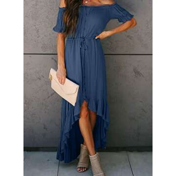 Happy Sailed Womens Elegant Off Shoulder High Low Long Dress Drawstring Belted Ruffle Beach Party Maxi Dress Blue Small