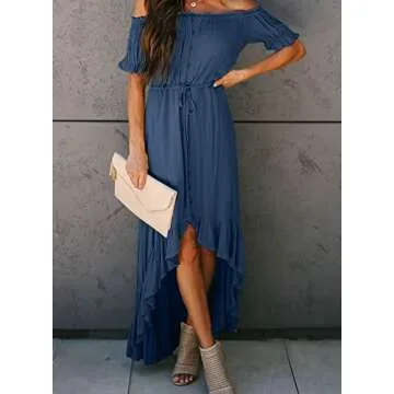 Happy Sailed Womens Elegant Off Shoulder High Low Long Dress Drawstring Belted Ruffle Beach Party Maxi Dress Blue Small