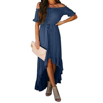 Happy Sailed Womens Elegant Off Shoulder High Low Long Dress Drawstring Belted Ruffle Beach Party Maxi Dress Blue Small
