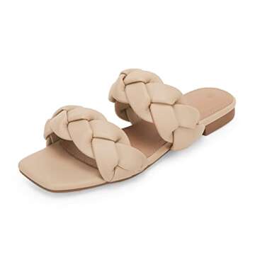 Womens Casual Summer Flat Sandals Square Open Toe Braided Slide Slippers Slip-On Comfortable Dress Sandals with Low Heel