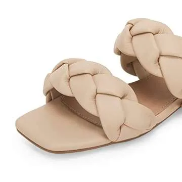 Womens Casual Summer Flat Sandals Square Open Toe Braided Slide Slippers Slip-On Comfortable Dress Sandals with Low Heel