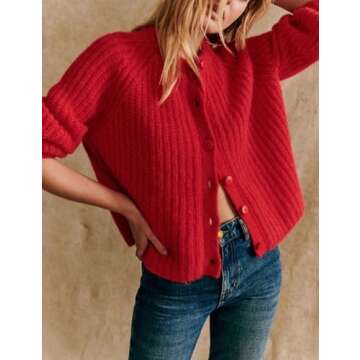 Bianstore Women's Casual Long Sleeve Crewneck Button Down Cardigan Sweater Knit Outwear(Red-S)