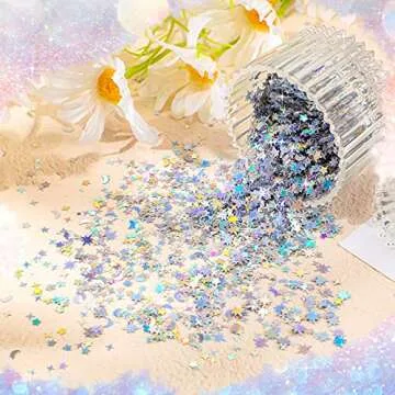 60 G/ 2.1 oz Holographic Star and Moon Table Confetti Galaxy Iridescent Metallic Glitter Foil Confetti Sequin Star Moon Scatter for Christmas Wedding Festival Party DIY(6 mm, 4 mm,Silver)