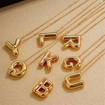 Rhinelife Letter Necklace Bubble Initial Pendant Necklaces for Women Cute Alphabet 14K Gold Plated Design Balloon Puffy Name Personalized Teen Jewelry (B)