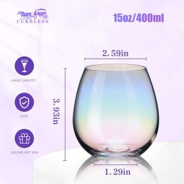 CUKBLESS Stemless Wine Glasses Set of 4, Iridescent Wine Glass for Red or White Wine, 15 OZ