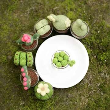 KISSBUTY Full Range of Needle Felting Kit, Cactus Wool Felted Set for Adults and Beginners Including Wool Roving for 8 Succulents, Foam Mat, Glass Pots, Needles, Finger Guards Tools Kit