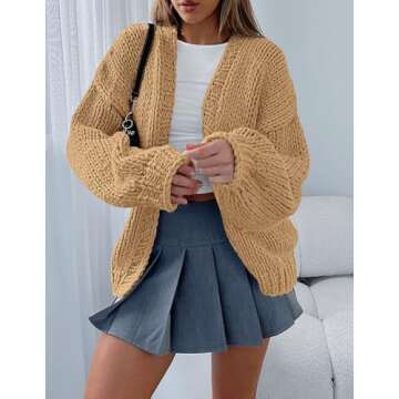 PRETTYGARDEN Womens Cardigan Sweaters 2025 Spring Fall Trendy Chunky Knit Outerwear Outfits Fashion Long Sleeve Cardigans (Khaki,Large)