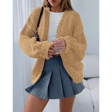 PRETTYGARDEN Womens Cardigan Sweaters 2025 Spring Fall Trendy Chunky Knit Outerwear Outfits Fashion Long Sleeve Cardigans (Khaki,Large)