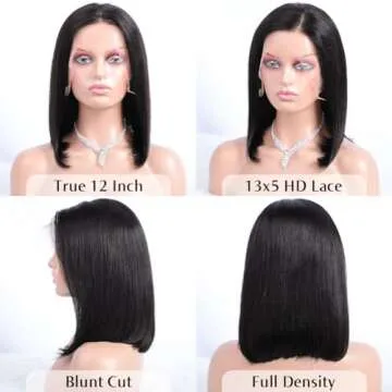 Flady 12 inch Straight Bob Wig Human Hair 13x4 HD Frontal Lace Wig Short Bob Wigs for Women Glueless Bob Lace Front Wigs Human Hair Pre Plucked 150% Density Natural Black Color