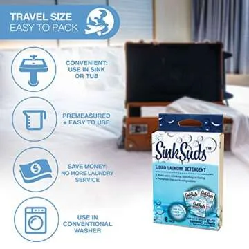 SinkSuds Travel Laundry Detergent Liquid Soap + Odor Eliminator for All Fabrics Including Delicates, Sink-Packets, 0.25 Fl Oz (Pack of 16)