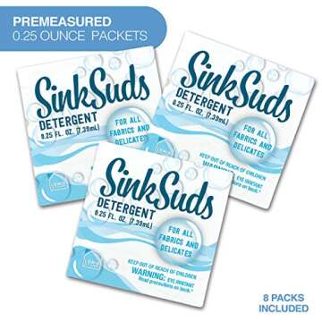 SinkSuds Travel Laundry Detergent Liquid Soap + Odor Eliminator for All Fabrics Including Delicates, Sink-Packets, 0.25 Fl Oz (Pack of 16)