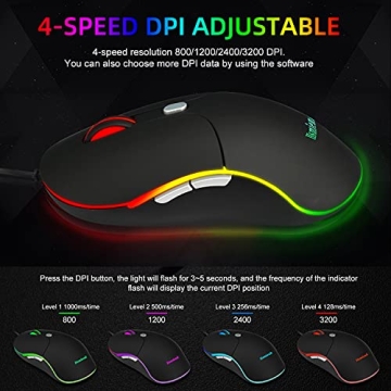 Wired USB Mouse with LED Backlight, 3200 DPI and Comfort