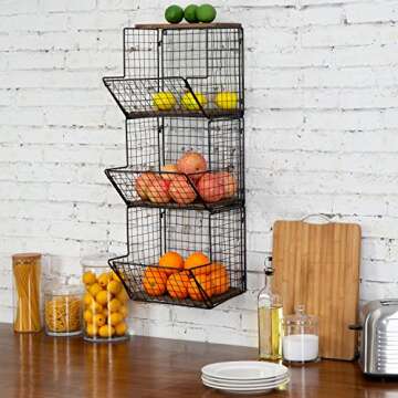 MyGift 3 Tier Wall Mounted Black Metal Wire Hanging Kitchen Basket, Kitchen Fruit and Produce and Storage Bin with Wood Base