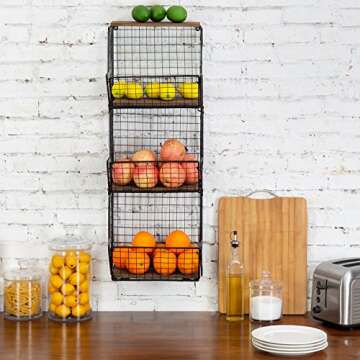 MyGift 3 Tier Wall Mounted Black Metal Wire Hanging Kitchen Basket, Kitchen Fruit and Produce and Storage Bin with Wood Base