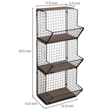 MyGift 3 Tier Wall Mounted Black Metal Wire Hanging Kitchen Basket, Kitchen Fruit and Produce and Storage Bin with Wood Base