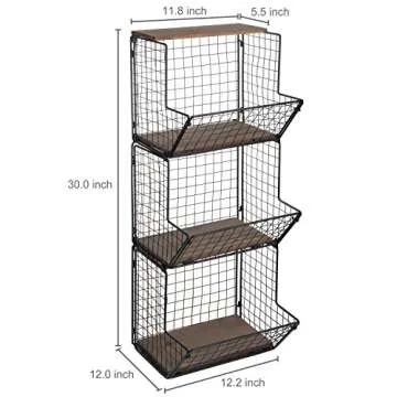 MyGift 3 Tier Wall Mounted Black Metal Wire Hanging Kitchen Basket, Kitchen Fruit and Produce and Storage Bin with Wood Base
