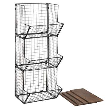 MyGift 3 Tier Wall Mounted Black Metal Wire Hanging Kitchen Basket, Kitchen Fruit and Produce and Storage Bin with Wood Base