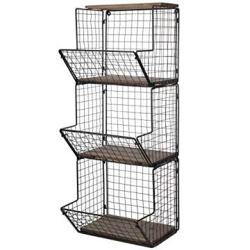 MyGift 3 Tier Wall Mounted Black Metal Wire Hanging Kitchen Basket, Kitchen Fruit and Produce and Storage Bin with Wood Base