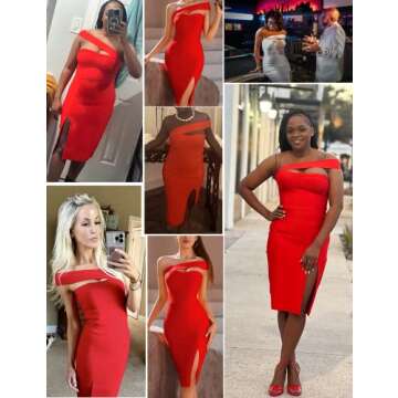 Women's One Shoulder Bandage Dresses for Women Wedding Guest Sexy Formal Midi Dress (Red, L)