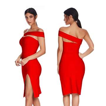 Women's One Shoulder Bandage Dresses for Women Wedding Guest Sexy Formal Midi Dress (Red, L)