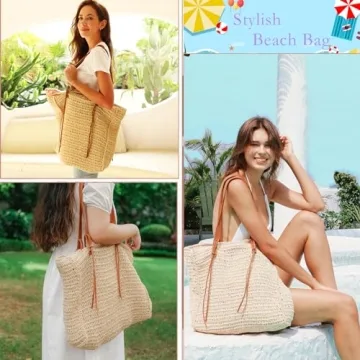 miss fong Beach Bag, Beach Bags for Women,Straw Bag, Beach Tote Bag, Straw Beach Bag with Inner Zipper Pocket and Leather Handle