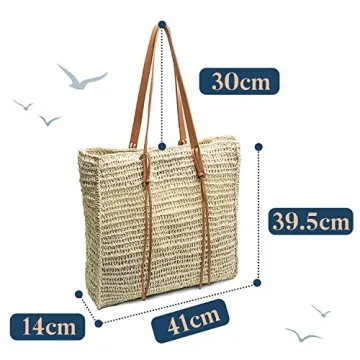 miss fong Beach Bag, Beach Bags for Women,Straw Bag, Beach Tote Bag, Straw Beach Bag with Inner Zipper Pocket and Leather Handle