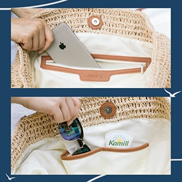 miss fong Beach Bag, Beach Bags for Women,Straw Bag, Beach Tote Bag, Straw Beach Bag with Inner Zipper Pocket and Leather Handle