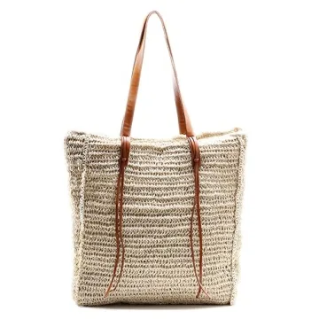 miss fong Beach Bag, Beach Bags for Women,Straw Bag, Beach Tote Bag, Straw Beach Bag with Inner Zipper Pocket and Leather Handle