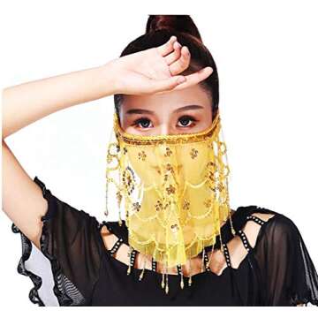 Lauthen.S Face Veil with Sequins Beads Tribal Belly Dance Halloween Accessory Yellow