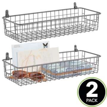 mDesign Portable Metal Wire Wall Mount Decor Storage Organizer Basket Bin - Hang in Kitchen, Garage, Entryway, Mudroom, Bedroom, Bathroom, Laundry Room - Concerto Collection - 2 Pack - Dark Gray