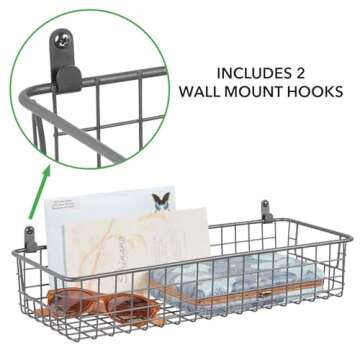 mDesign Portable Metal Wire Wall Mount Decor Storage Organizer Basket Bin - Hang in Kitchen, Garage, Entryway, Mudroom, Bedroom, Bathroom, Laundry Room - Concerto Collection - 2 Pack - Dark Gray