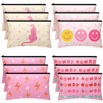 Hillban 12 Pcs Pink Preppy Makeup Bag Preppy Toiletry Bag Smile Leopard Howdy Portable Cosmetic Bag ...