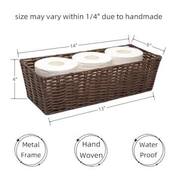 GIB Bathroom Toilet Paper Baskets for Back of Toilet Tank Topper Trays, Small Woven Wicker Baskets for Organizing, Waterproof Bathroom Decor Baskets, Dark Brown, 2 Pack